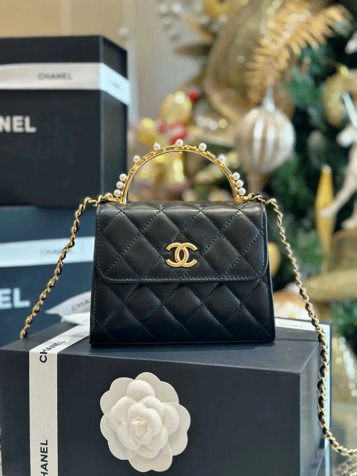 Chanel Black Chain Top Handle Clutch with Chain