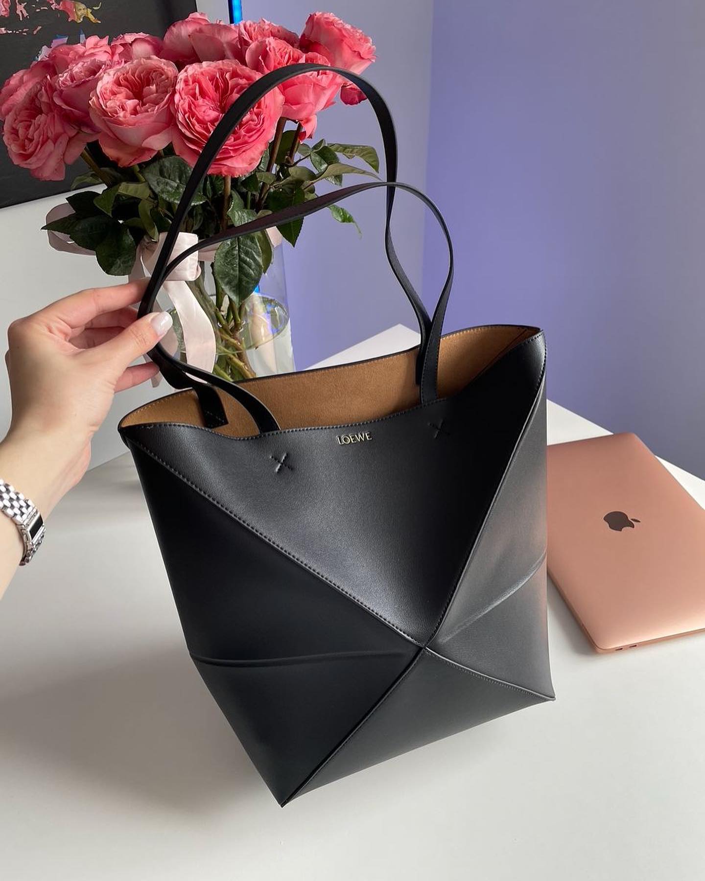 Medium Puzzle Fold tote in shiny calfskin